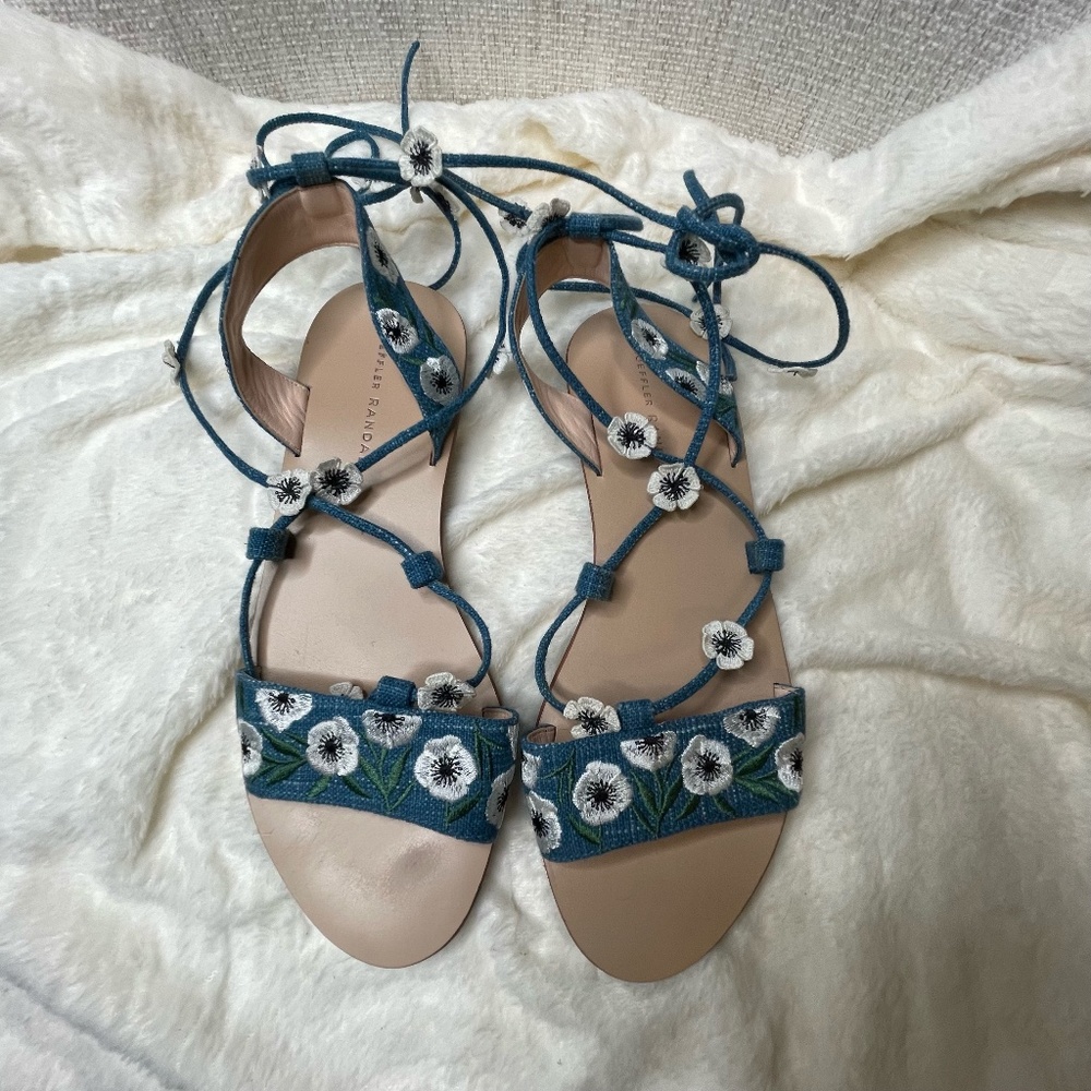 Loeffler Randall Fleura Ankle-Wrap Sandals Size 8 Blue Canvas